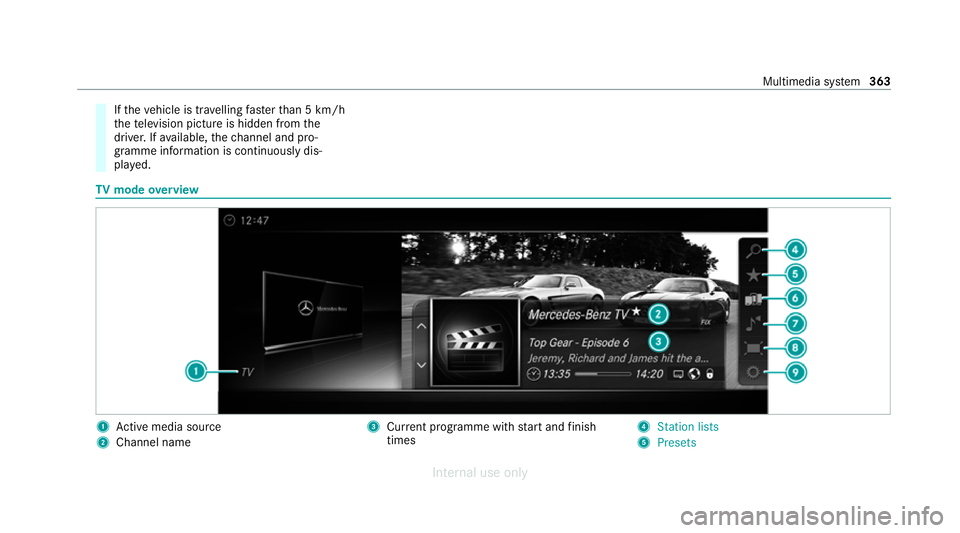 MERCEDES-BENZ C-CLASS SALOON 2012 Owners Manual If
th eve hicle is tr avelling faster than 5 km/h
th ete levision picture is hidden from the
driver. If available, thech annel and pro‐
gr amme information is continuously dis‐
pla yed. TV
mode ov MERCEDES-BENZ C-CLASS SALOON 2012 Owners Manual If
th eve hicle is tr avelling faster than 5 km/h
th ete levision picture is hidden from the
driver. If available, thech annel and pro‐
gr amme information is continuously dis‐
pla yed. TV
mode ov