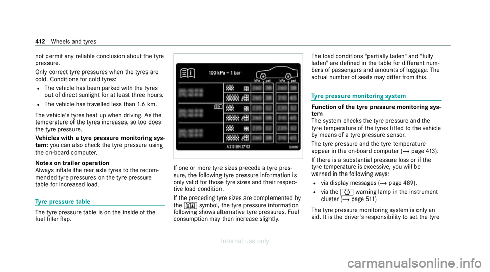 MERCEDES-BENZ C-CLASS SALOON 2012 Owners Manual not pe
rmit any reliable conclusion about the tyre
pressure.
Only cor rect tyre pressures when the tyres are
cold. Conditions for cold tyres:
R The vehicle has been par ked with the tyres
out of direc MERCEDES-BENZ C-CLASS SALOON 2012 Owners Manual not pe
rmit any reliable conclusion about the tyre
pressure.
Only cor rect tyre pressures when the tyres are
cold. Conditions for cold tyres:
R The vehicle has been par ked with the tyres
out of direc
