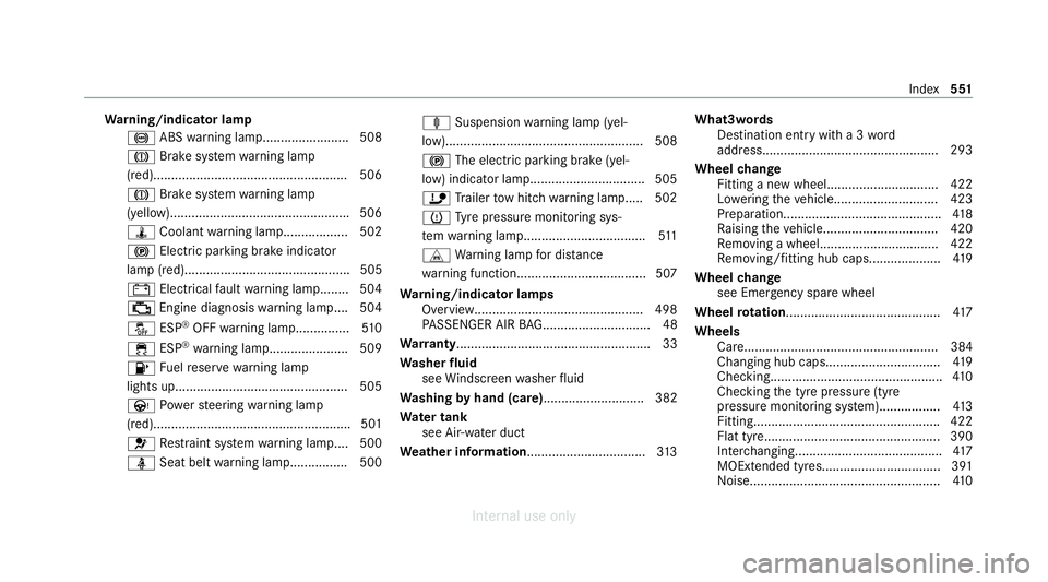 MERCEDES-BENZ C-CLASS SALOON 2012 Owners Manual Wa
rning/indicator lamp
! ABSwarning lamp....................... .508
J Brake sy stem warning lamp
(red)...................................................... 506
J Brake sy stem warning lamp
(yellow) MERCEDES-BENZ C-CLASS SALOON 2012 Owners Manual Wa
rning/indicator lamp
! ABSwarning lamp....................... .508
J Brake sy stem warning lamp
(red)...................................................... 506
J Brake sy stem warning lamp
(yellow)