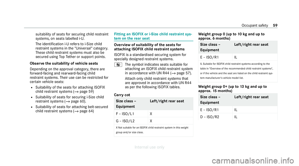 MERCEDES-BENZ C-CLASS SALOON 2012 Repair Manual suitability of seats
for securing child restra int
sy stems, on seats labelled i‑U.
The identification i‑U refers to i‑Size child
re stra int sy stems in the "Universal" categor y.
These MERCEDES-BENZ C-CLASS SALOON 2012 Repair Manual suitability of seats
for securing child restra int
sy stems, on seats labelled i‑U.
The identification i‑U refers to i‑Size child
re stra int sy stems in the "Universal" categor y.
These