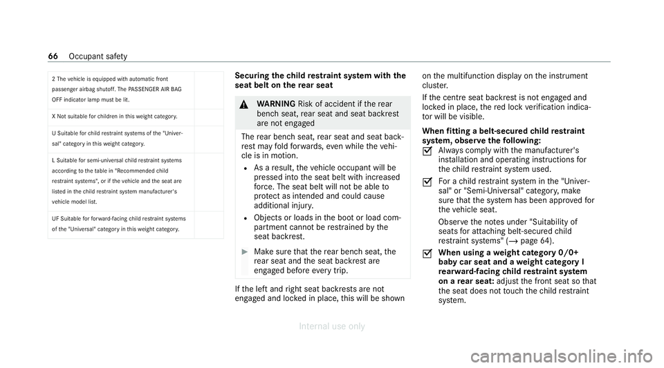MERCEDES-BENZ C-CLASS SALOON 2012 Repair Manual 2 The
vehicle is equipped with automatic front
passenger airbag shutoff. The PASSENGER AIR BAG
OFF indicator lamp must be lit.
X Not suitable forch ildren in this we ight categor y.
U Suitable forch i MERCEDES-BENZ C-CLASS SALOON 2012 Repair Manual 2 The
vehicle is equipped with automatic front
passenger airbag shutoff. The PASSENGER AIR BAG
OFF indicator lamp must be lit.
X Not suitable forch ildren in this we ight categor y.
U Suitable forch i