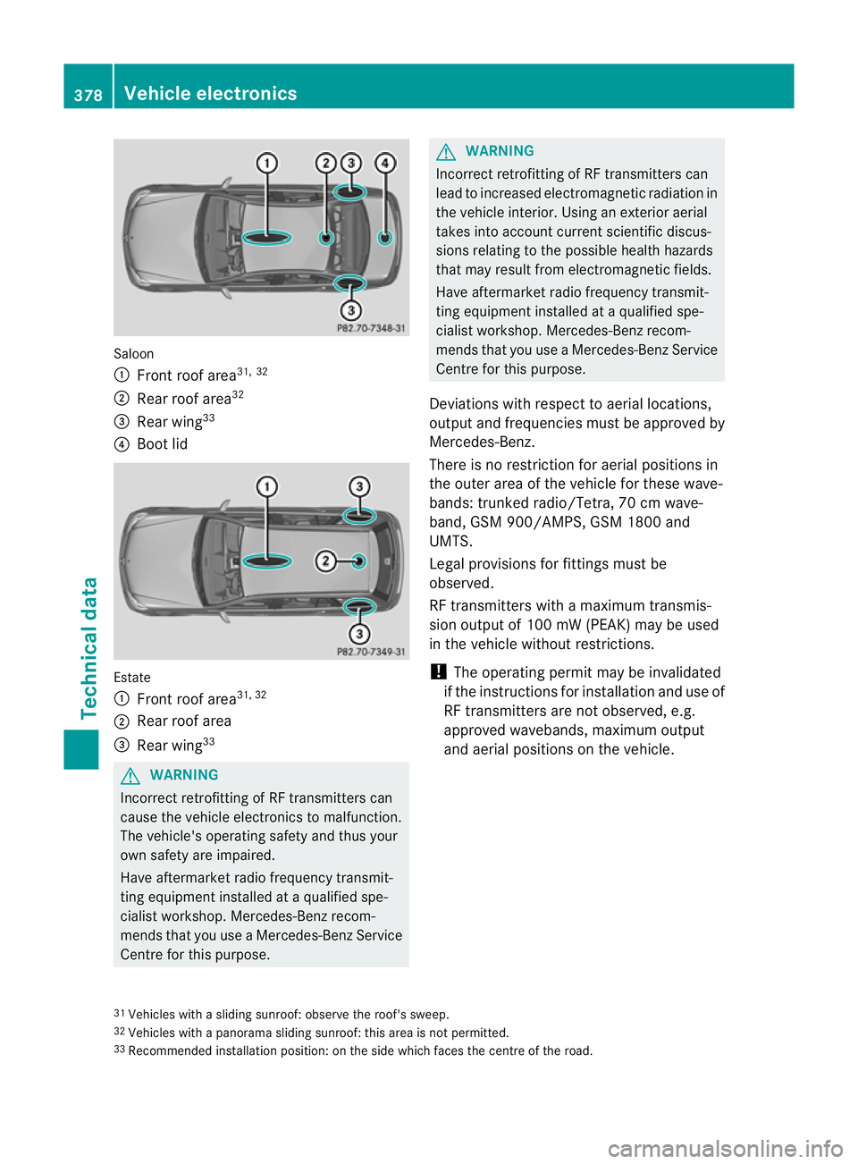 MERCEDES-BENZ C-CLASS SALOON 2011 Owners Manual Saloon
:
Front roof area 31, 32
; Rear roof area 32
= Rear wing 33
? Boot lid Estate
:
Front roof area 31, 32
; Rear roof area
= Rear wing 33 G
WARNING
Incorrect retrofitting of RF transmitters can
ca MERCEDES-BENZ C-CLASS SALOON 2011 Owners Manual Saloon
:
Front roof area 31, 32
; Rear roof area 32
= Rear wing 33
? Boot lid Estate
:
Front roof area 31, 32
; Rear roof area
= Rear wing 33 G
WARNING
Incorrect retrofitting of RF transmitters can
ca