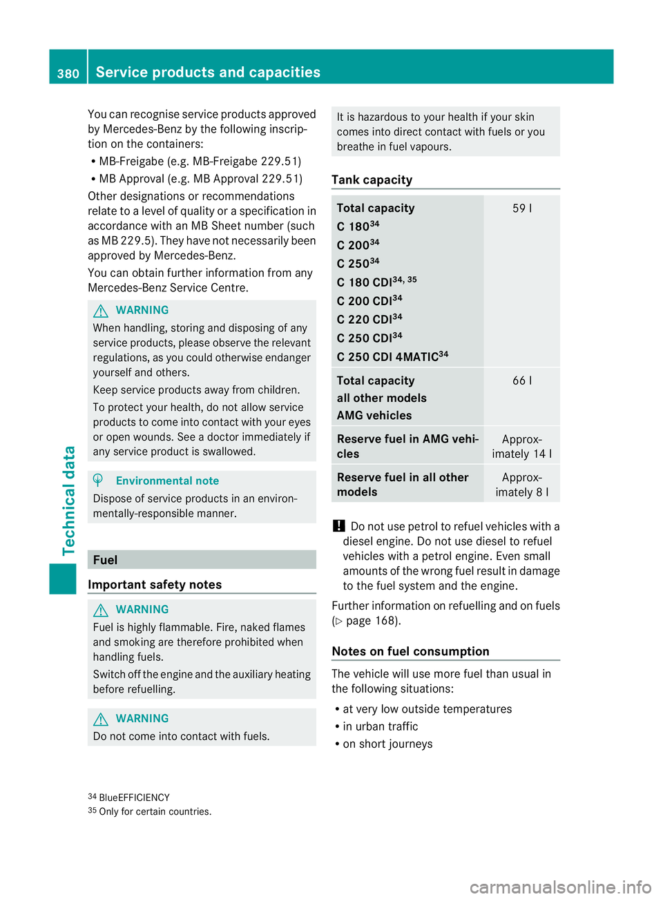 MERCEDES-BENZ C-CLASS SALOON 2011 Owners Manual You can recognise service products approved
by Mercedes-Ben
zby the following inscrip-
tion on the containers:
R MB-Freigabe (e.g. MB-Freigabe 229.51)
R MB Approval (e.g. MB Approval 229.51)
Other des MERCEDES-BENZ C-CLASS SALOON 2011 Owners Manual You can recognise service products approved
by Mercedes-Ben
zby the following inscrip-
tion on the containers:
R MB-Freigabe (e.g. MB-Freigabe 229.51)
R MB Approval (e.g. MB Approval 229.51)
Other des
