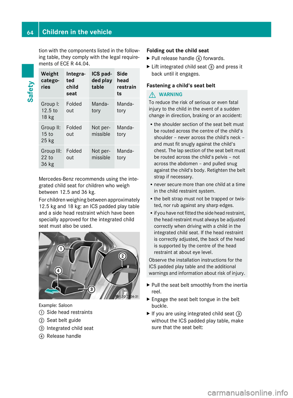 MERCEDES-BENZ C-CLASS SALOON 2011 Repair Manual tio
nw ith the component slisted in the follow-
ing table, they comply with the legal require-
ments of ECE R 44.04. Weight
catego-
ries Integra-
ted
child
seat ICS pad-
ded play
table Side
head
restr MERCEDES-BENZ C-CLASS SALOON 2011 Repair Manual tio
nw ith the component slisted in the follow-
ing table, they comply with the legal require-
ments of ECE R 44.04. Weight
catego-
ries Integra-
ted
child
seat ICS pad-
ded play
table Side
head
restr