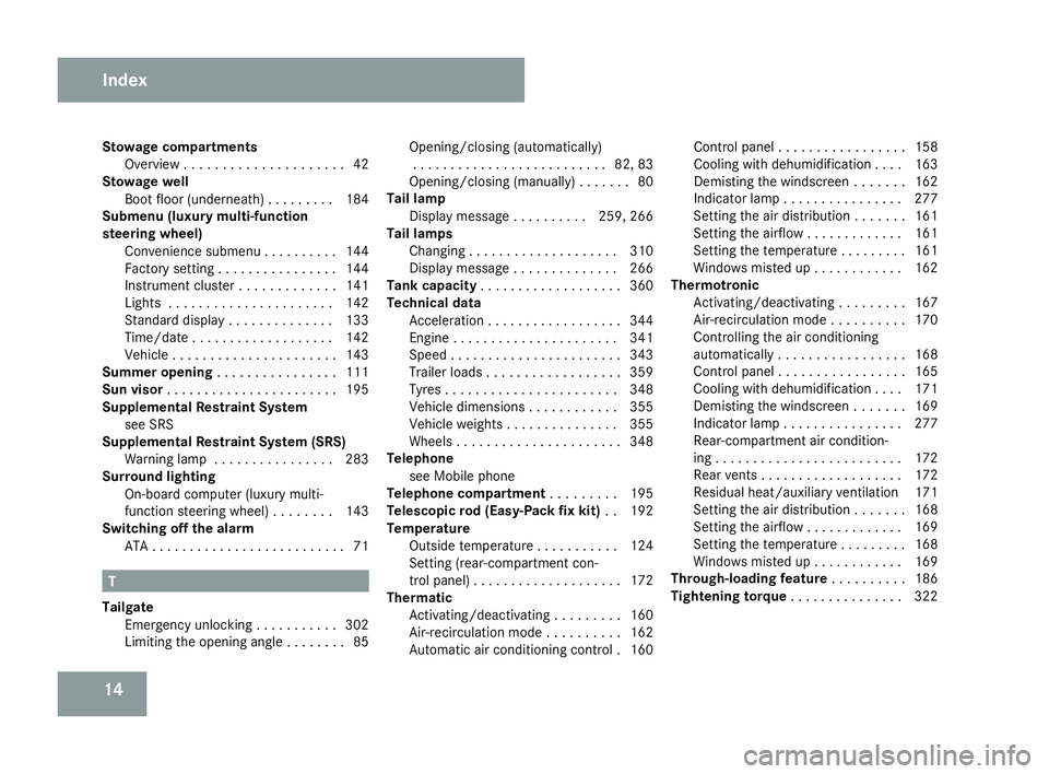 MERCEDES-BENZ C-CLASS SALOON 2007  Owners Manual 14
Stowage compartment
s
Overview . . . . . . . . . . . . . . . . . . . . .42
Stowage well
Boot floor (underneath) . . . . . . . . .184
Submenu (luxury multi-function
steering wheel)
Convenience subme