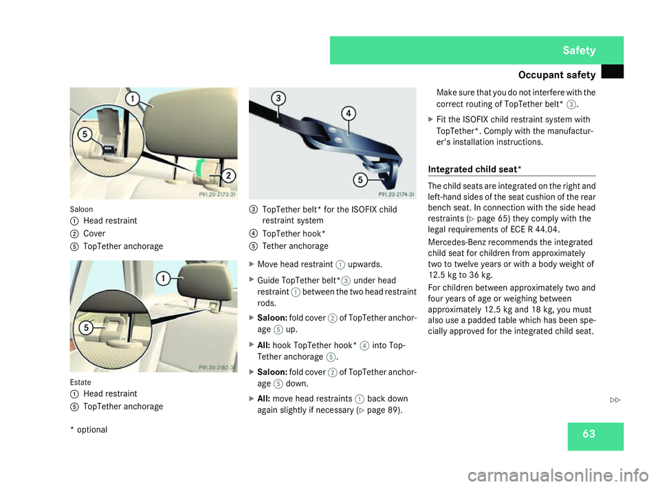 MERCEDES-BENZ C-CLASS SALOON 2007 Repair Manual Occupant safet
y 63Saloon
1
Head restraint
2 Cove r
5 TopTether anchorage Estate
1
Head restraint
5 TopTether anchorage 3
TopTether belt* for the ISOFIX child
restraint system
4 TopTether hook*
5 Teth MERCEDES-BENZ C-CLASS SALOON 2007 Repair Manual Occupant safet
y 63Saloon
1
Head restraint
2 Cove r
5 TopTether anchorage Estate
1
Head restraint
5 TopTether anchorage 3
TopTether belt* for the ISOFIX child
restraint system
4 TopTether hook*
5 Teth