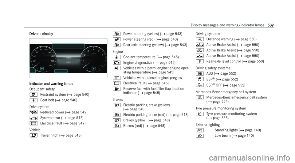 MERCEDES-BENZ C-CLASS ESTATE 2022  Owners Manual �D�r�i�v�e�r�'�s� �d�i�s�p�l�a�y
�I�n�d�i�c�a�t�o�r� �a�n�d� �w�a�r�n�i�n�g� �l�a�m�p�s
�O�c�c�u�p�a�n�t� �s�a�f
�e�t�y
�6 �R�e�s�t�r�a�i�n�t� �s�y�s�t�e�m� �(�� �p�a�g
 �e� �5�4�0�)
�