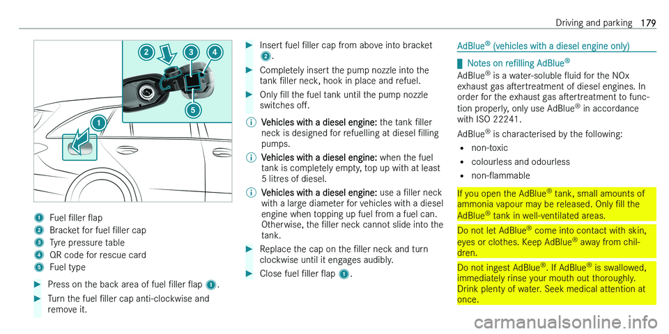 MERCEDES-BENZ C-CLASS ESTATE 2021  Owners Manual �1�F�u�e�l� N�l�l�e�r� O�a�p�2�B�r�a�c�k�e�t� �f�o�r� �f�u�e�l�  N�l�l�e�r� �c�a�p�3�T�y�r�e� �p�r�e�s�s�u�r�e� �t�a�b�l�e�4�Q�R� �c�o�d�e� �f�o�r� �r�e�s�c�u�e� �c�a�r�d�5�F�u�e�l� �t�y�p�e��P�r�