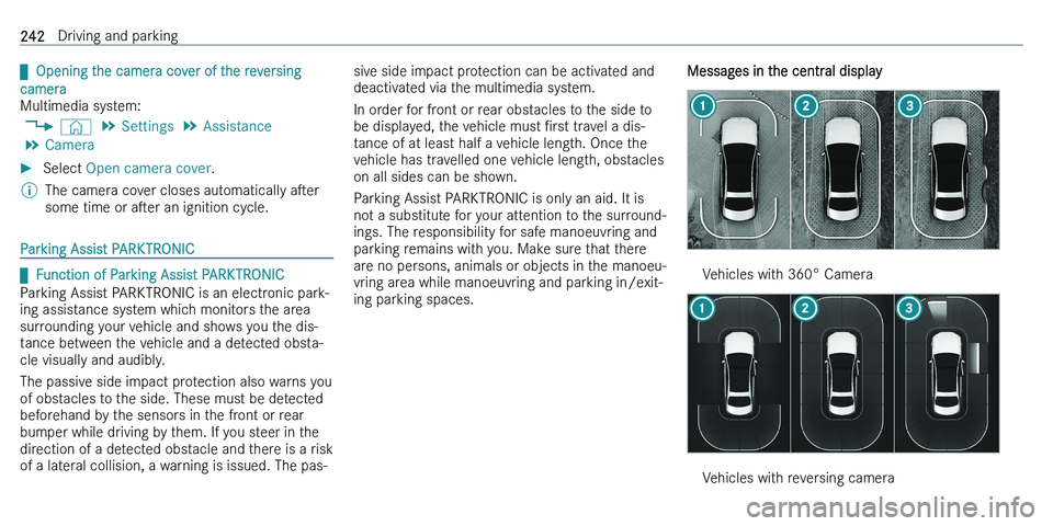 MERCEDES-BENZ C-CLASS ESTATE 2021  Owners Manual q�O�p�e�n�i�n�g� �t�h�e� �c�a�m�e�r�a� �c�o�v�e�r� �o�f� �t�h�e� �r�e�v�e�r�s�i�n�g
�c�a�m�e�r�a
�M�u�l�t�i�m�e�d�i�a� �s�y�s�t�e�m�:
�4 �©� �5
�S�e�t�t�i�n�g�s � �5
�A�s�s�i�s�t�a�n�c�e
�5 �C�a�m�e