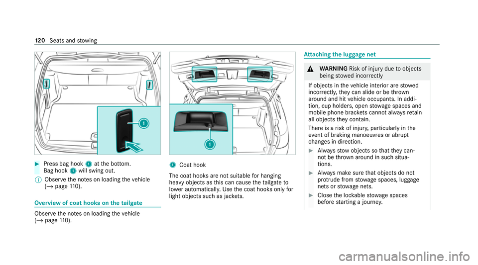 MERCEDES-BENZ C-CLASS ESTATE 2020  Owners Manual #
Press bag hook 1atthe bottom.
Bag hook 1will swing out.
% Obser vethe no tes on loading theve hicle
(/ page 110). Overvi
ewof coat hooks on the tailgate Obser
vethe no tes on loading theve hicle
(/ 