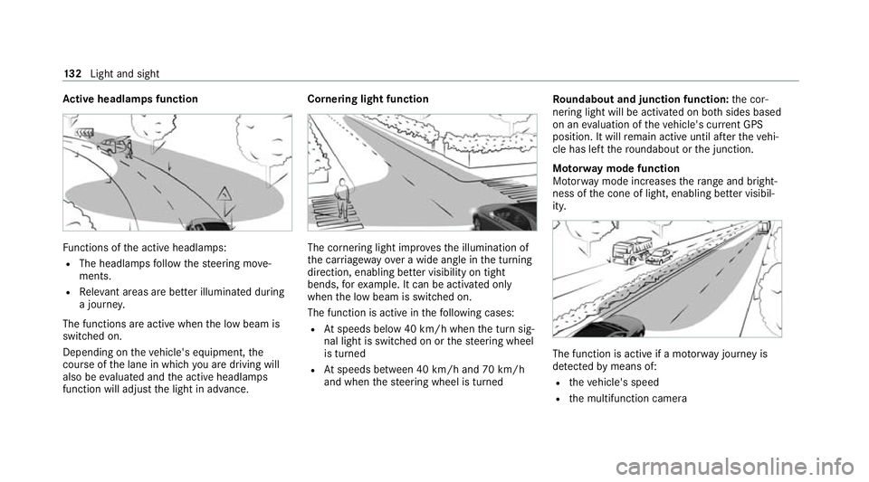 MERCEDES-BENZ C-CLASS ESTATE 2020 Owners Manual Ac
tive headlamps function Fu
nctions of the active headlamps:
R The headlamps follow thesteering mo ve‐
ments.
R Releva nt areas are better illumina ted during
a journe y.
The functions are active MERCEDES-BENZ C-CLASS ESTATE 2020 Owners Manual Ac
tive headlamps function Fu
nctions of the active headlamps:
R The headlamps follow thesteering mo ve‐
ments.
R Releva nt areas are better illumina ted during
a journe y.
The functions are active
