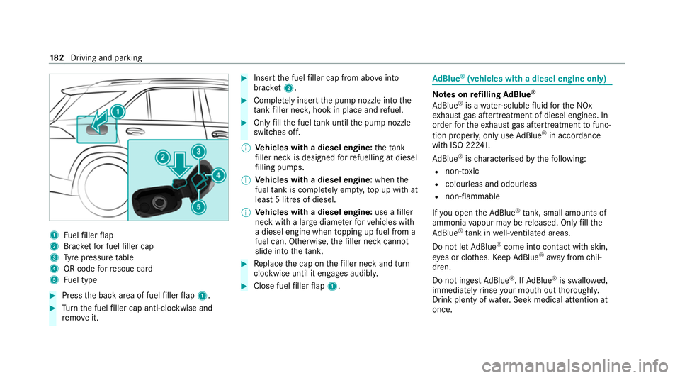 MERCEDES-BENZ C-CLASS ESTATE 2020  Owners Manual 1
Fuelfiller flap
2 Brac ketfo r fuel filler cap
3 Tyre pressure table
4 QR code forre scue card
5 Fuel type #
Press the back area of fuel filler flap 1. #
Turn the fuel filler cap anti-clockwise and
