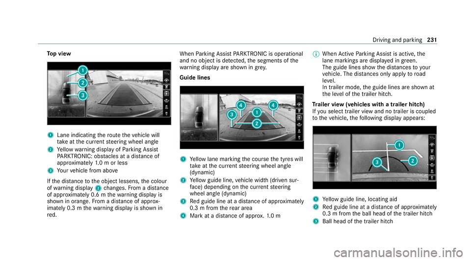 MERCEDES-BENZ C-CLASS ESTATE 2020  Owners Manual To
p view 1
Lane indicating thero ute theve hicle will
ta ke atthe cur rent steering wheel angle
2 Yellow warning display of Parking Assist
PA RKTRONIC: obstacles at a dis tance of
appr oximately 1.0 