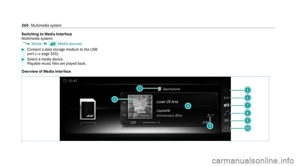 MERCEDES-BENZ C-CLASS ESTATE 2020  Owners Manual Switching
toMedia Inter face
Multimedia sy stem:
4 Media 5
à Media sources #
Connect a data storage medium tothe USB
port (/ page 355). #
Select a media device.
Playable music files are pla yed bac k