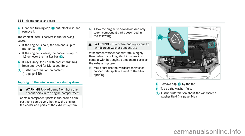 MERCEDES-BENZ C-CLASS ESTATE 2020 Owners Manual #
Continue turning cap 1anti-clockwise and
re mo veit.
The coolant le vel is cor rect in thefo llowing
cases:
R Ifth e engine is cold, the coolant is up to
mar ker bar 2.
R Ifth e engine is warm,th e MERCEDES-BENZ C-CLASS ESTATE 2020 Owners Manual #
Continue turning cap 1anti-clockwise and
re mo veit.
The coolant le vel is cor rect in thefo llowing
cases:
R Ifth e engine is cold, the coolant is up to
mar ker bar 2.
R Ifth e engine is warm,th e