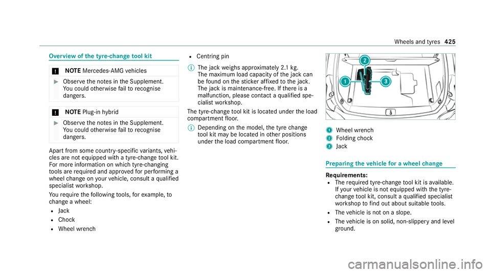 MERCEDES-BENZ C-CLASS ESTATE 2020 Owners Manual Overview of
the ty re-change tool kit *
NO
TEMercedes-AMG vehicles #
Obser vethe no tes in the Supplement.
Yo u could otherwise failto recognise
dangers. *
NO
TEPlug-in hybrid #
Obser vethe no tes in MERCEDES-BENZ C-CLASS ESTATE 2020 Owners Manual Overview of
the ty re-change tool kit *
NO
TEMercedes-AMG vehicles #
Obser vethe no tes in the Supplement.
Yo u could otherwise failto recognise
dangers. *
NO
TEPlug-in hybrid #
Obser vethe no tes in