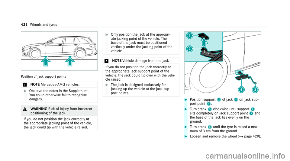 MERCEDES-BENZ C-CLASS ESTATE 2020  Owners Manual Po
sition of jack support points
* NO
TEMercedes-AMG vehicles #
Obser vethe no tes in the Supplement.
Yo u could otherwise failto recognise
dangers. &
WARNING Risk of injury from incorrect
positioning