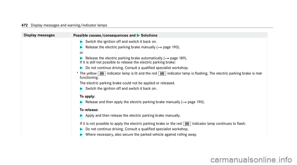 MERCEDES-BENZ C-CLASS ESTATE 2020  Owners Manual Display messages
Possible causes/consequences and M MSolutions #
Switch the ignition off and switch it back on. #
Release the electric parking brake manually (/ page190).
or #
Release the electric par