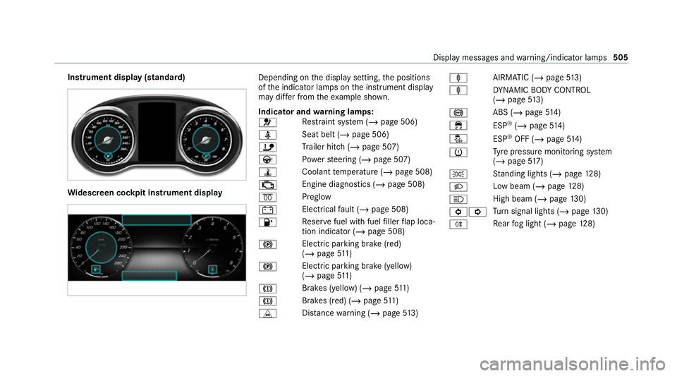 MERCEDES-BENZ C-CLASS ESTATE 2020  Owners Manual Instrument display (standard)
Wi
descreen cock pit instrument displ ay Depending on
the display setting, the positions
of the indicator lamps on the instrument display
may dif fer from theex ample sho