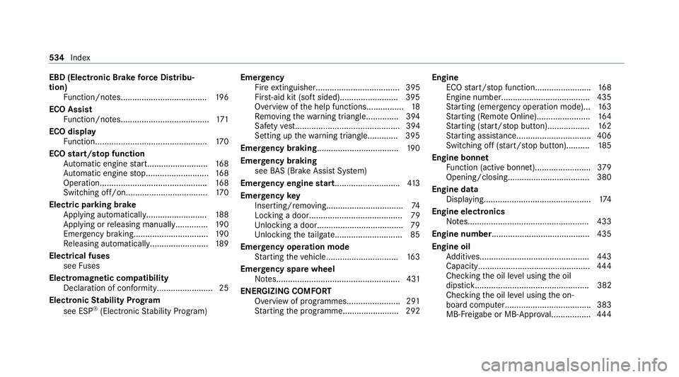 MERCEDES-BENZ C-CLASS ESTATE 2020 Owners Manual EBD (Electronic Brake
forc e Distribu‐
tion)
Function/no tes..................................... 19 6
ECO Assist Function/no tes...................................... 171
ECO display Function...... MERCEDES-BENZ C-CLASS ESTATE 2020 Owners Manual EBD (Electronic Brake
forc e Distribu‐
tion)
Function/no tes..................................... 19 6
ECO Assist Function/no tes...................................... 171
ECO display Function......