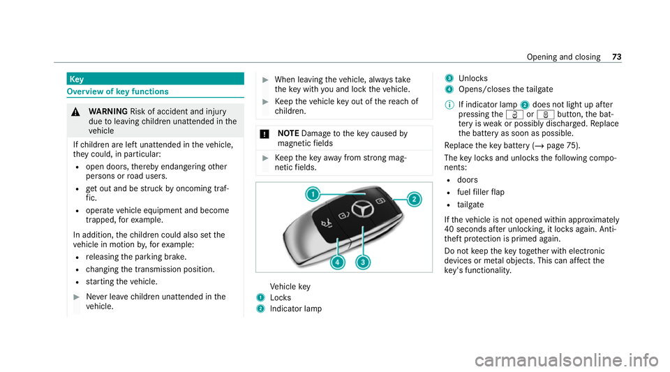 MERCEDES-BENZ C-CLASS ESTATE 2020 Manual PDF Key
Overview of
key functions &
WARNING Risk of accident and inju ry
due toleaving children unat tended in the
ve hicle
If ch ildren are left unat tended in theve hicle,
th ey could, in part icular:
R