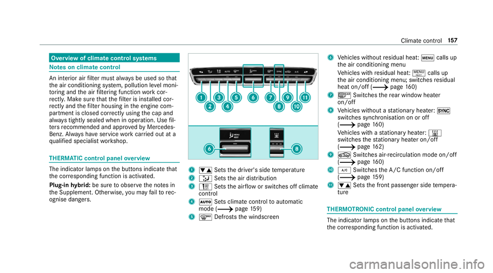 MERCEDES-BENZ C-CLASS ESTATE 2018  Owners Manual Overview of climate control sy
stems Note
s on climate control An interior air
filter must alw ays be used so that
th e air conditioning sy stem, pollution le vel moni‐
to ring and the air filtering