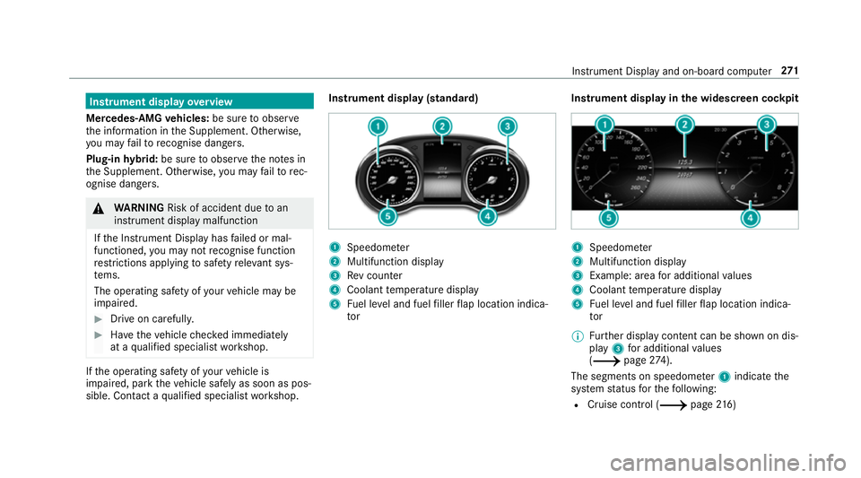 MERCEDES-BENZ C-CLASS ESTATE 2018 Owners Manual Instrument display
overview
Mercedes-AMG vehicles: be sure toobser ve
th e information in the Supplement. Otherwise,
yo u may failto recognise dangers.
Plug-in hybrid: be sure toobser vethe no tes in
MERCEDES-BENZ C-CLASS ESTATE 2018 Owners Manual Instrument display
overview
Mercedes-AMG vehicles: be sure toobser ve
th e information in the Supplement. Otherwise,
yo u may failto recognise dangers.
Plug-in hybrid: be sure toobser vethe no tes in