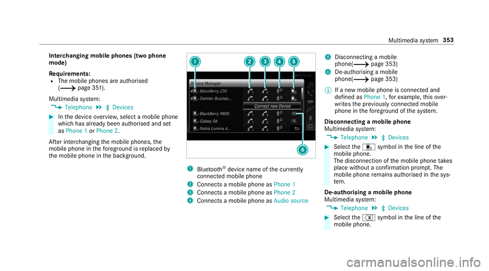 MERCEDES-BENZ C-CLASS ESTATE 2018 Owners Manual Inter
changing mobile phones (two phone
mode)
Re quirements:
R The mobile phones are authorised
(0013 page 351).
Multimedia sy stem:
0018 Telephone 0019
00A5 Devices 0007
Inthe device overview, select MERCEDES-BENZ C-CLASS ESTATE 2018 Owners Manual Inter
changing mobile phones (two phone
mode)
Re quirements:
R The mobile phones are authorised
(0013 page 351).
Multimedia sy stem:
0018 Telephone 0019
00A5 Devices 0007
Inthe device overview, select