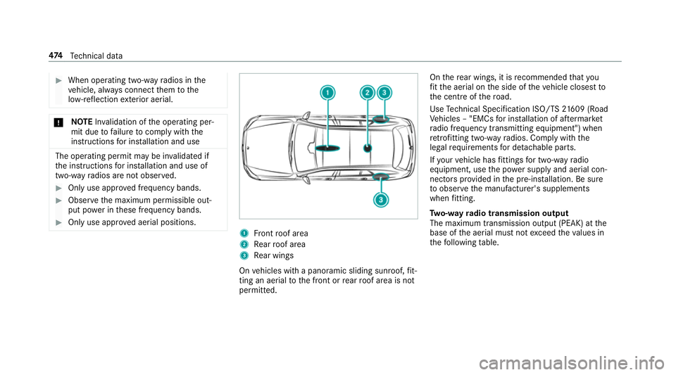 MERCEDES-BENZ C-CLASS ESTATE 2018 Owners Manual 0007
When operating two-w ayradios in the
ve hicle, alw ays connect them tothe
lo w- reflection exterior aerial. 000E
NO
TEInva lidation of the operating per‐
mit due tofailure tocomply wi th the
in MERCEDES-BENZ C-CLASS ESTATE 2018 Owners Manual 0007
When operating two-w ayradios in the
ve hicle, alw ays connect them tothe
lo w- reflection exterior aerial. 000E
NO
TEInva lidation of the operating per‐
mit due tofailure tocomply wi th the
in