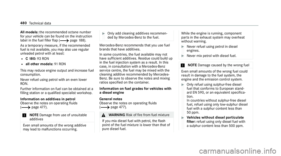 MERCEDES-BENZ C-CLASS ESTATE 2018 Owners Manual All models:
there commended octane number
fo ryo ur vehicle can be found on the instruction
label in the fuel filler flap (0013 page188).
As a temp orary measure, if there commended
fuel is not availa MERCEDES-BENZ C-CLASS ESTATE 2018 Owners Manual All models:
there commended octane number
fo ryo ur vehicle can be found on the instruction
label in the fuel filler flap (0013 page188).
As a temp orary measure, if there commended
fuel is not availa