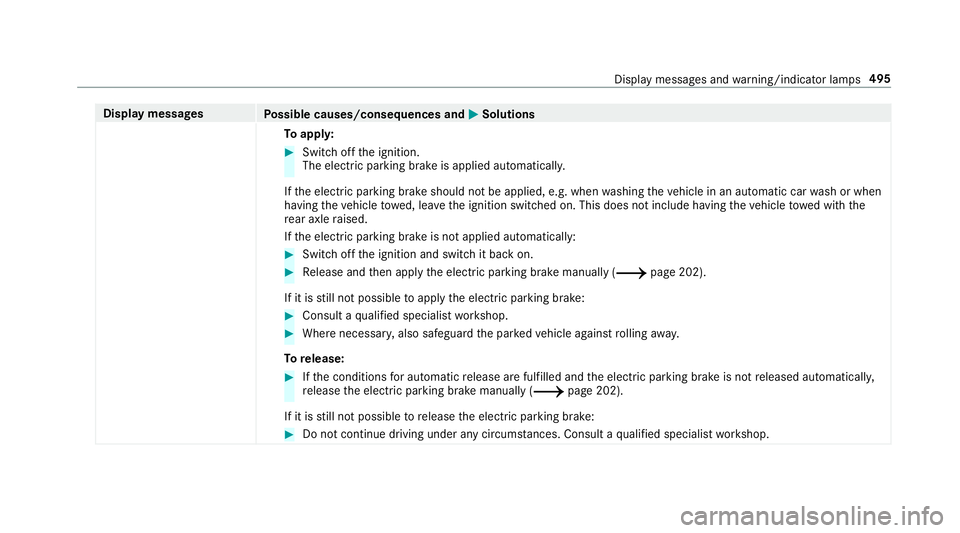 MERCEDES-BENZ C-CLASS ESTATE 2018 Owners Manual Display messages
Possible causes/consequences and 0050
0050Solutions
To appl y: 0007
Switch off the ignition.
The electric parking brake is applied automaticall y.
If th e electric parking brake shoul MERCEDES-BENZ C-CLASS ESTATE 2018 Owners Manual Display messages
Possible causes/consequences and 0050
0050Solutions
To appl y: 0007
Switch off the ignition.
The electric parking brake is applied automaticall y.
If th e electric parking brake shoul