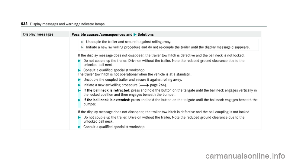 MERCEDES-BENZ C-CLASS ESTATE 2018 Owners Manual Display messages
Possible causes/consequences and 0050
0050Solutions 0007
Uncouple the trailer and secure it against rolling away. 0007
Initiate a new swivelling procedure and do not re-couple the tra MERCEDES-BENZ C-CLASS ESTATE 2018 Owners Manual Display messages
Possible causes/consequences and 0050
0050Solutions 0007
Uncouple the trailer and secure it against rolling away. 0007
Initiate a new swivelling procedure and do not re-couple the tra