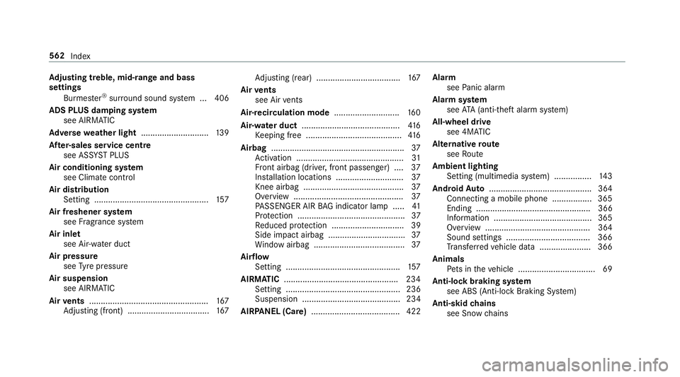 MERCEDES-BENZ C-CLASS ESTATE 2018 Owners Manual Ad
justing treble, mid- range and bass
settings
Burmes ter®
sur round sound sy stem ... 406
ADS PLUS damping sy stem
see AIRMATIC
Ad versewe ather light ............................ .139
Af ter-sales MERCEDES-BENZ C-CLASS ESTATE 2018 Owners Manual Ad
justing treble, mid- range and bass
settings
Burmes ter®
sur round sound sy stem ... 406
ADS PLUS damping sy stem
see AIRMATIC
Ad versewe ather light ............................ .139
Af ter-sales