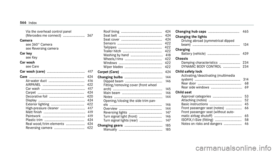 MERCEDES-BENZ C-CLASS ESTATE 2018 Owners Manual Vi
ath eove rhead control panel
(Mercedes me connect) ....................... 367
Camera see 360° Camera
see Reversing camera
Car key
see Key
Car wash
see Care
Car wash (care) ....................... MERCEDES-BENZ C-CLASS ESTATE 2018 Owners Manual Vi
ath eove rhead control panel
(Mercedes me connect) ....................... 367
Camera see 360° Camera
see Reversing camera
Car key
see Key
Car wash
see Care
Car wash (care) .......................