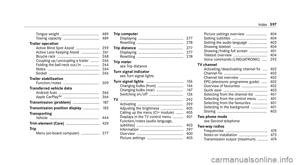 MERCEDES-BENZ C-CLASS ESTATE 2018 Owners Manual To
ngue weight .................................... .489
To wing capacity .................................. .489
Tr ailer operation
Ac tive Blind Spot Assi st....................... 259
Ac tive Lane MERCEDES-BENZ C-CLASS ESTATE 2018 Owners Manual To
ngue weight .................................... .489
To wing capacity .................................. .489
Tr ailer operation
Ac tive Blind Spot Assi st....................... 259
Ac tive Lane