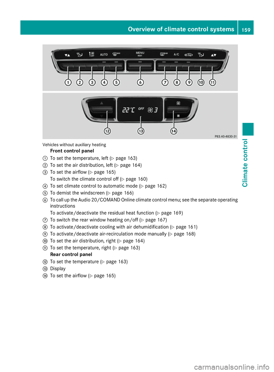 MERCEDES-BENZ C-CLASS ESTATE 2014  Owners Manual Vehicles without auxiliary heating
Front control panel
: To set the temperature, left (Y page 163)
; To set the air distribution, left (Y page 164)
= To set the airflow (Y page 165)
To switch the clim