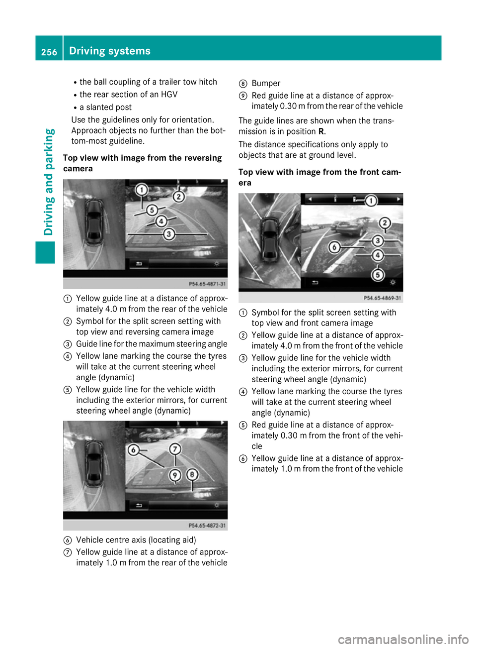 MERCEDES-BENZ C-CLASS ESTATE 2014 Owners Manual R
the ball coupling of a trailer tow hitch
R the rear section of an HGV
R a slanted post
Use the guidelines only for orientation.
Approach objects no further than the bot-
tom-most guideline.
Top view MERCEDES-BENZ C-CLASS ESTATE 2014 Owners Manual R
the ball coupling of a trailer tow hitch
R the rear section of an HGV
R a slanted post
Use the guidelines only for orientation.
Approach objects no further than the bot-
tom-most guideline.
Top view