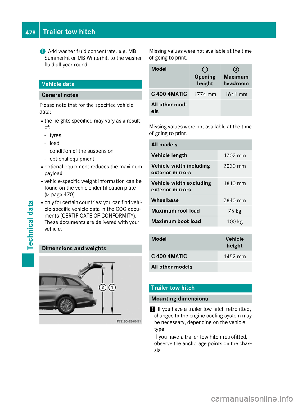 MERCEDES-BENZ C-CLASS ESTATE 2014  Owners Manual i
Add washer fluid concentrate, e.g. MB
SummerFit or MB WinterFit, to the washer
fluid all year round. Vehicle data
General notes
Please note that for the specified vehicle
data: R the heights specifi