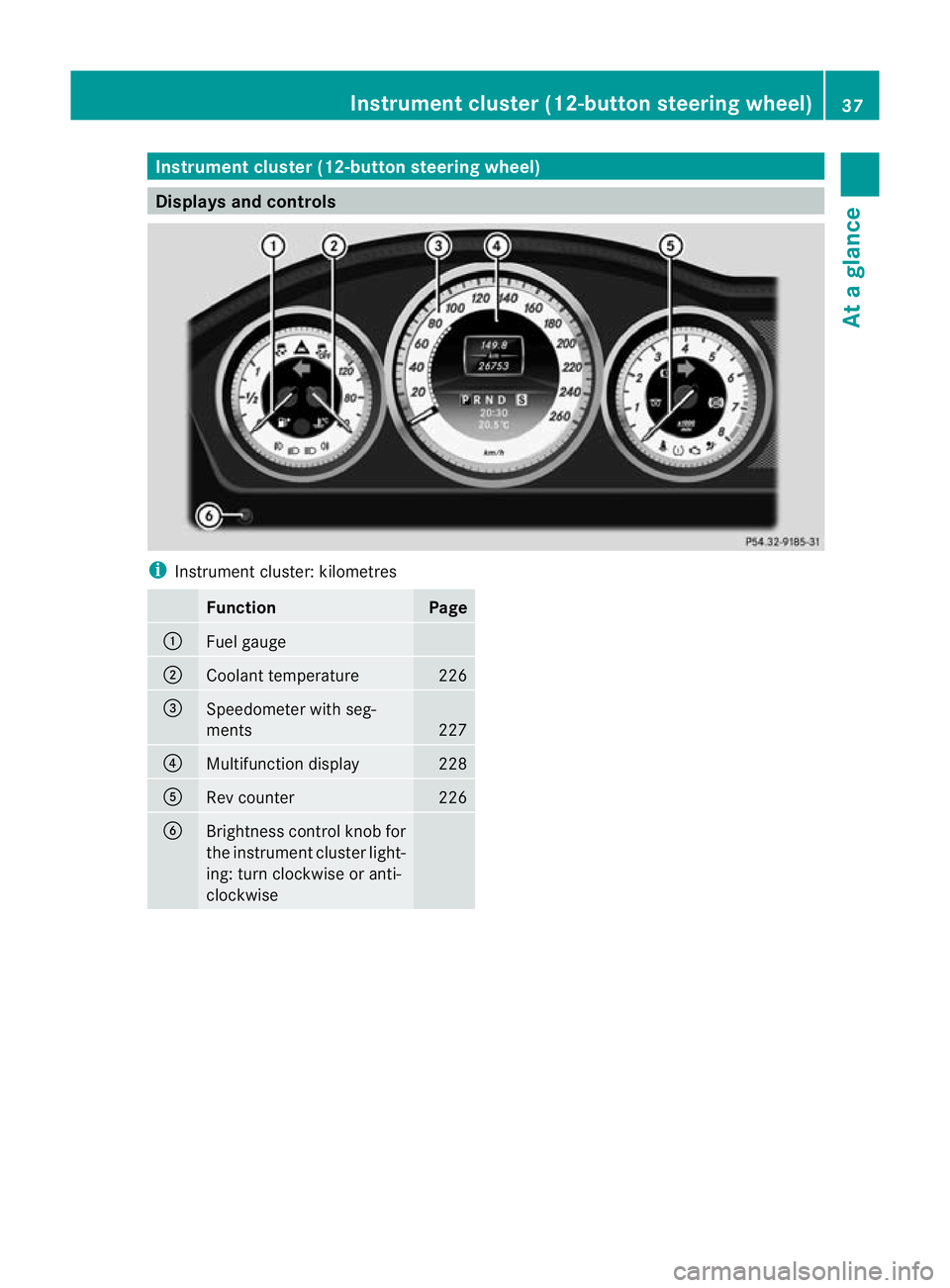 MERCEDES-BENZ C-CLASS ESTATE 2011 Owners Guide Instrumen
tcluster (12-button steering wheel) Displays and controls
i
Instrument cluster: kilometres Function Page
:
Fuel gauge
;
Coolant temperature 226
=
Speedometer with seg-
ments
227
?
Multifunct