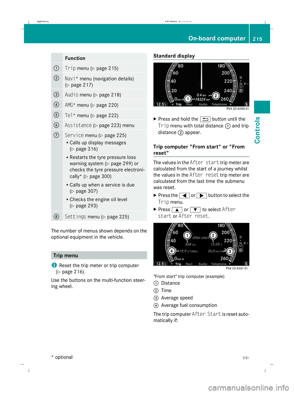 MERCEDES-BENZ CL COUPE 2009  Owners Manual Function
:
Trip
menu (Y page 215) ;
Navi
* menu (navigation details)
(Y page 217) =
Audio
menu (Y page 218) ?
AMG* menu (Y
page 220) A
Tel* menu (Y
page 222) B
Assistance
(Ypage 223) menu C
Service
me