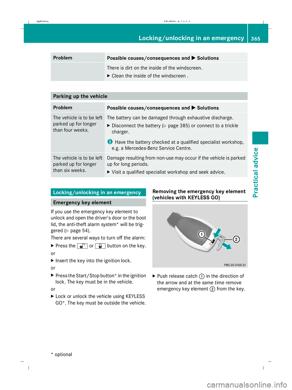 MERCEDES-BENZ CL COUPE 2009  Owners Manual Problem
Possible causes/consequences and
X
X Solutions There is dirt on the inside of the windscreen.
X
Clean the inside of the windscreen . Parking up the vehicle
Problem
Possible causes/consequences