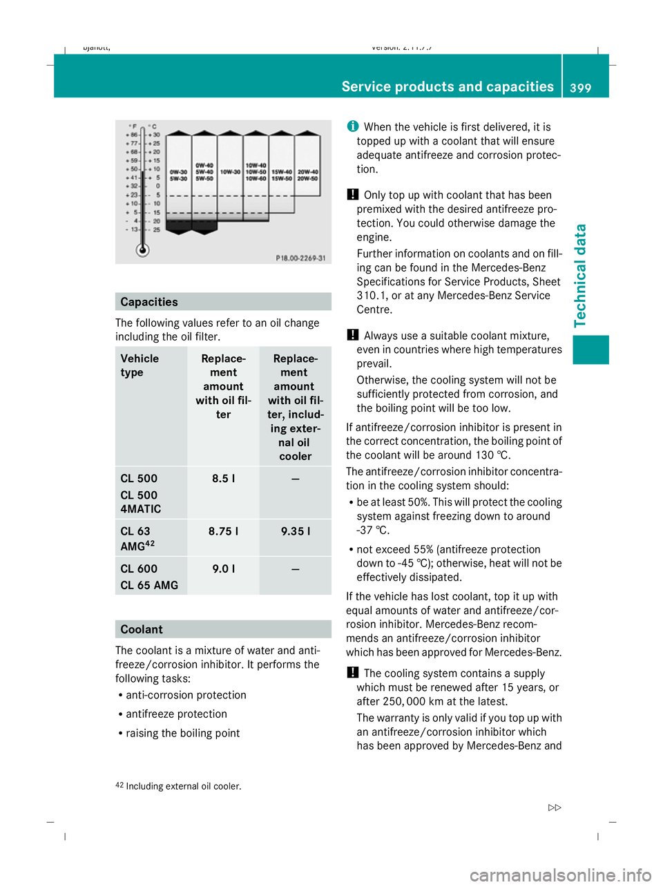 MERCEDES-BENZ CL COUPE 2009 Owners Manual Capacities
The following values refer to an oil change
including the oil filter. Vehicle
type Replace-
ment
amount
with oil fil- ter Replace-
ment
amount
with oil fil-
ter, includ- ing exter- nal oilc MERCEDES-BENZ CL COUPE 2009 Owners Manual Capacities
The following values refer to an oil change
including the oil filter. Vehicle
type Replace-
ment
amount
with oil fil- ter Replace-
ment
amount
with oil fil-
ter, includ- ing exter- nal oilc
