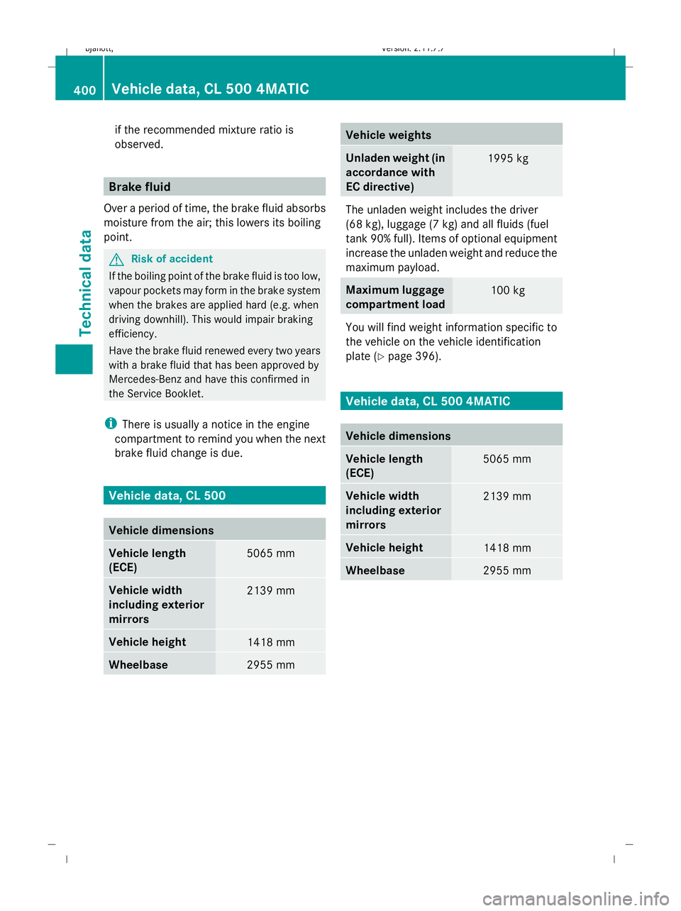 MERCEDES-BENZ CL COUPE 2009 Owners Manual if the recommended mixture ratio is
observed.
Brake fluid
Over a period of time, the brake fluid absorbs
moisture from the air; this lowers its boiling
point. G
Risk of accident
If the boiling point o MERCEDES-BENZ CL COUPE 2009 Owners Manual if the recommended mixture ratio is
observed.
Brake fluid
Over a period of time, the brake fluid absorbs
moisture from the air; this lowers its boiling
point. G
Risk of accident
If the boiling point o