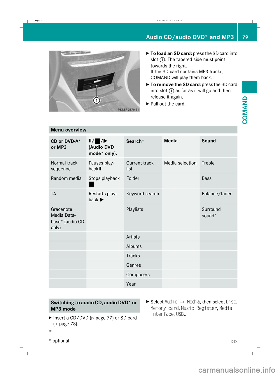 MERCEDES-BENZ CL COUPE 2009 Manual Online X
To load an SD card: press the SD card into
slot :. The tapered side must point
towards the right.
If the SD card contains MP3 tracks,
COMAND will play them back.
X To remove the SD card: press the S