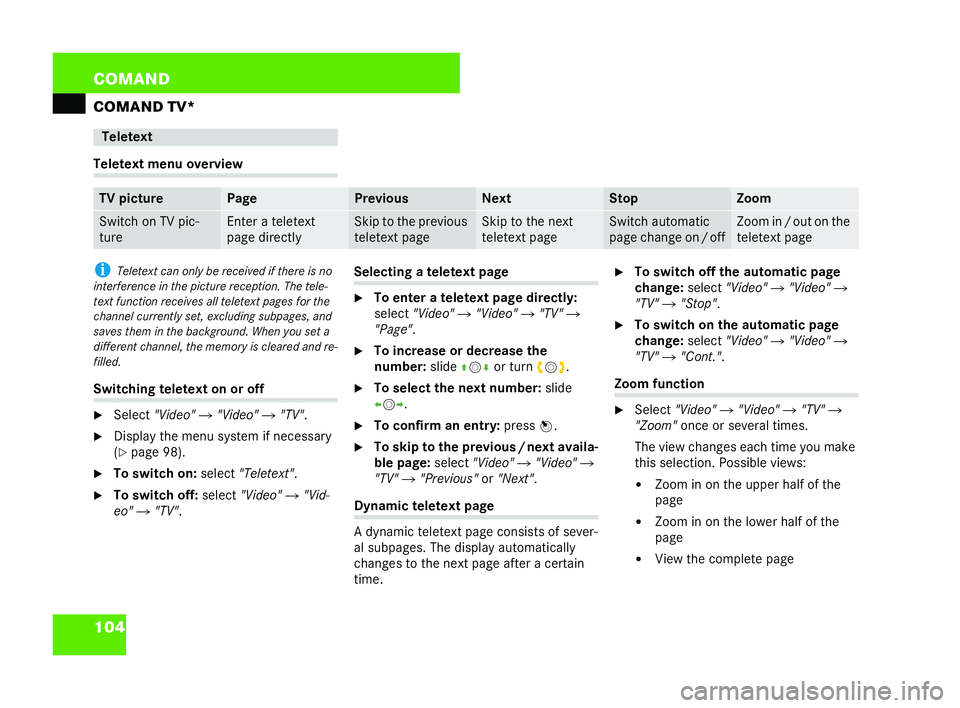 MERCEDES-BENZ CL COUPE 2006  Owners Manual 104 COM
AND
COMAND TV* Tel
etext men uov erview
i Telet extca n only be re ceived if ther e is no
int erfere ncein the pic ture re ception. The tele-
te xt func tion rec eive s all telet extp age sfor