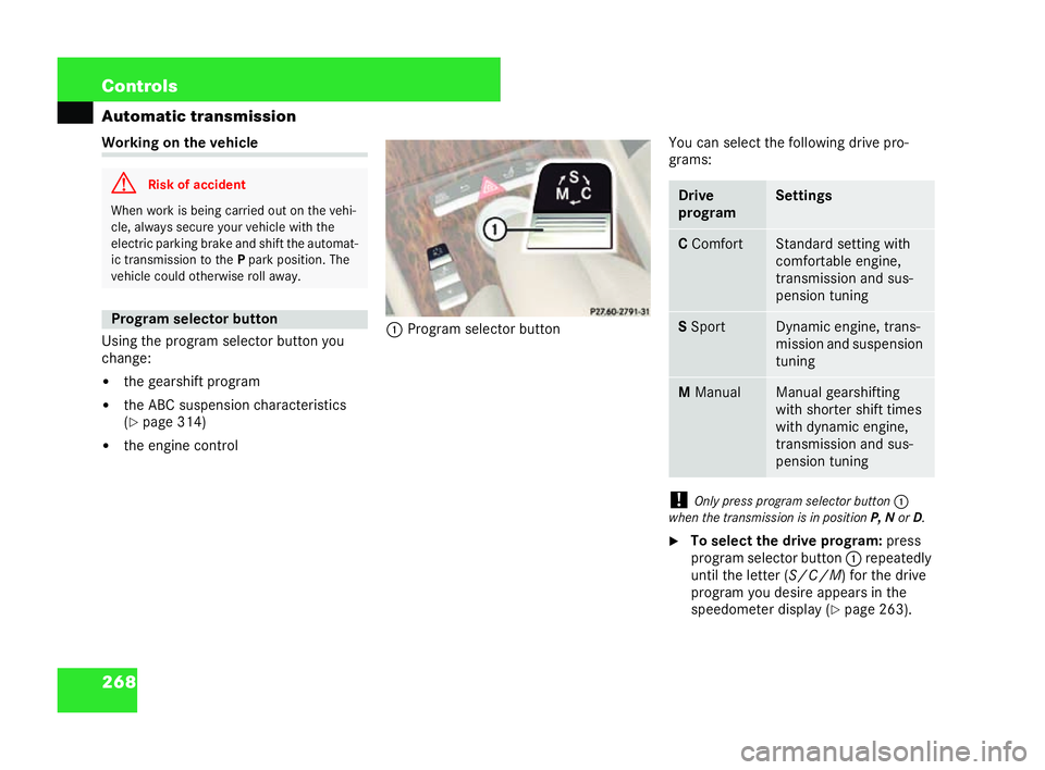 MERCEDES-BENZ CL COUPE 2006  Owners Manual 268 Con
trols
Au tomati ctra nsmi ssion Working
onthe vehicle
Using the program select or button you
cha nge:
�! the gearshi ftprogram
�! theABC suspen sion charact eristics
( �= page 314)
�! the engi