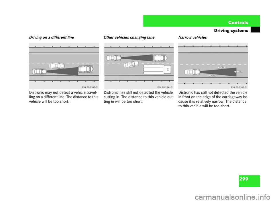 MERCEDES-BENZ CL COUPE 2006  Owners Manual 299
Con
trols
Driving sys tems
Drivi ngon adi fferen tline
Dis tron icmay not detect a veh icletrav el-
li ng on adi ffer ent line .Th edi sta nce to this
ve hicle wi llbe too short. Ot
he rveh iclesc