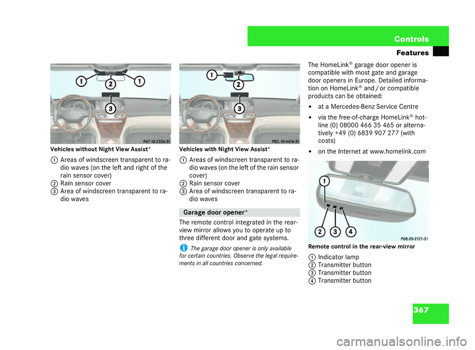MERCEDES-BENZ CL COUPE 2006  Owners Manual 367
Con
trols
Features
Ve hicles withou tNight Vi ewAssist*
1 Areas of winds cree ntran spar ent to ra-
di o wa ves(o nthe left an dright of the
ra in se nsor cover)
2 Rain sensor cover
3 Area of wi n