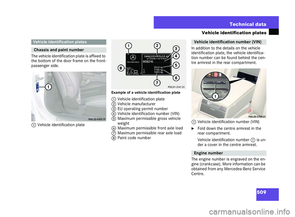 MERCEDES-BENZ CL COUPE 2006  Owners Manual 509
Technical da
ta
Vehicle ident ificatio npla tes
Th eve hicle identificati onplat eis affixe dto
the bottom of the door fram e on the front-
passen gerside.
1 Vehicle identifi cation plate Example 
