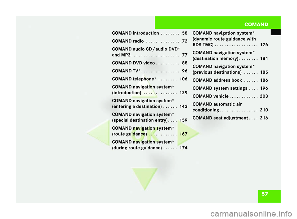 MERCEDES-BENZ CL COUPE 2006  Owners Manual 57
COM
AND
CO MA ND in troduction .... . . . . .58
CO MA ND radi o. . . . . . .... . . . . .72
COM AND au dioCD /audioDV D*
and MP3 . . . . . . . . . . . . .... . . . ..77
CO MA ND DVD vide o. .... . 